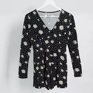 ASOS Daisy Polka Dot Print Button Front Long Sleeve V Neck Romper NWT